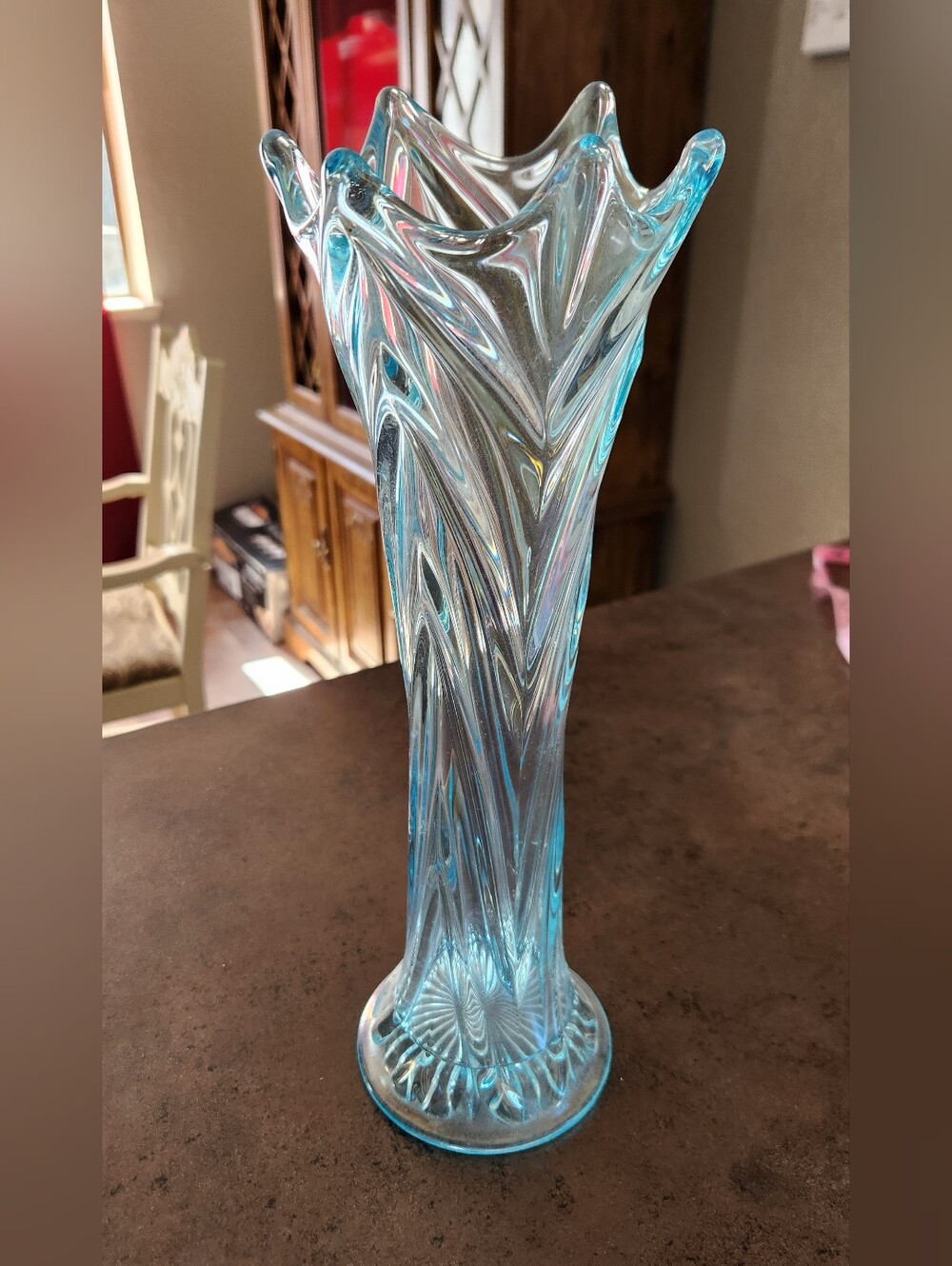 Antique 13.5” Imperial Glass Co Gothic Arches Ice Blue Carnival Glass Swung Vase